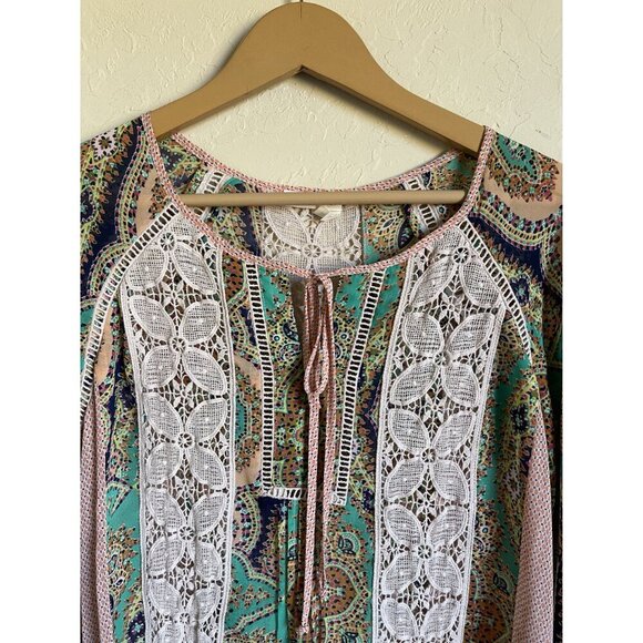 Anthropologie Meadow Rue Giada Crochet Semi Sheer Multicolor Peasant Blouse Long - Picture 5 of 7
